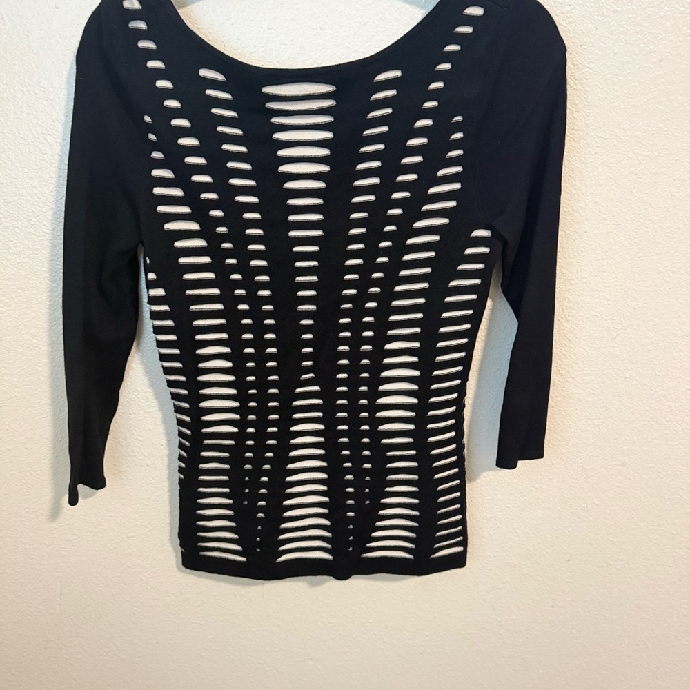 Express Stylish Black and White Cutout Long Sleeve Top